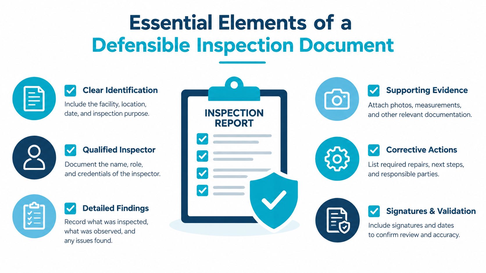 A professional infographic outlining six essential elements required for a defensible and compliant inspection report document.