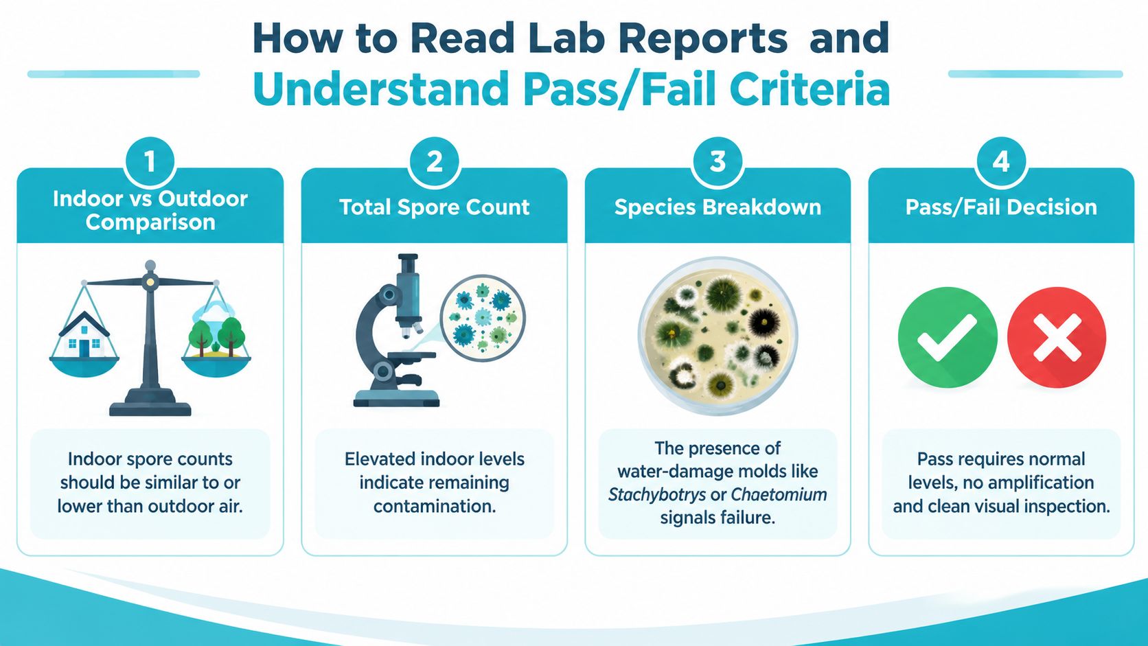 A four-step infographic explaining the process for interpreting mold remediation clearance laboratory reports and test results.