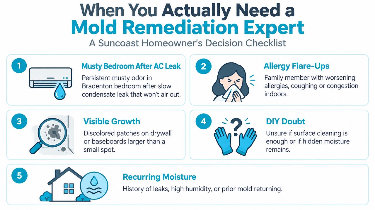 A checklist infographic titled When You Actually Need a Mold Remediation Expert featuring five common warning signs.