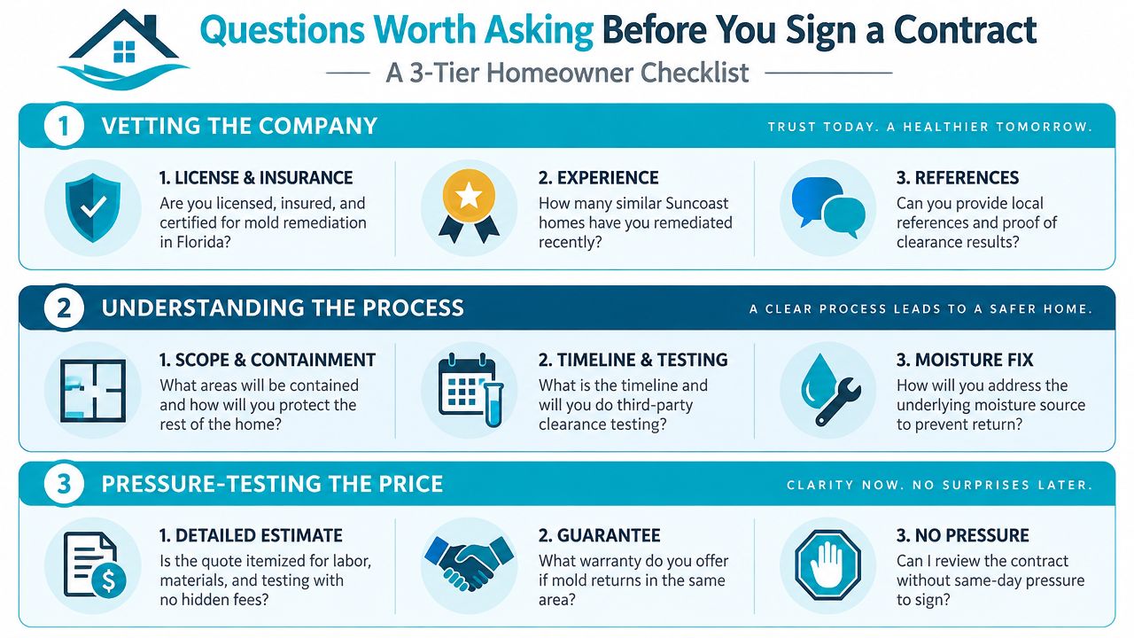 A 3-tier homeowner checklist infographic for asking questions to mold remediation contractors before signing a contract.