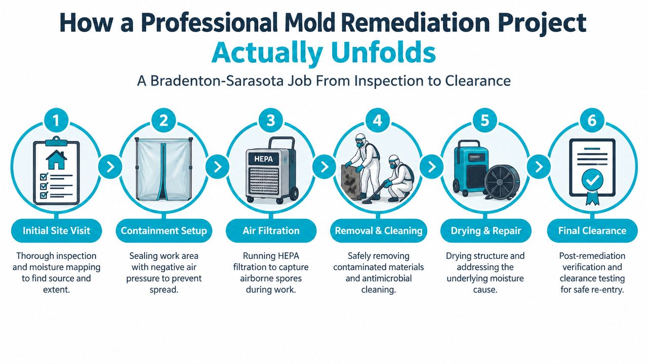 A process flow chart illustrating the six professional steps of mold remediation from inspection to final clearance.
