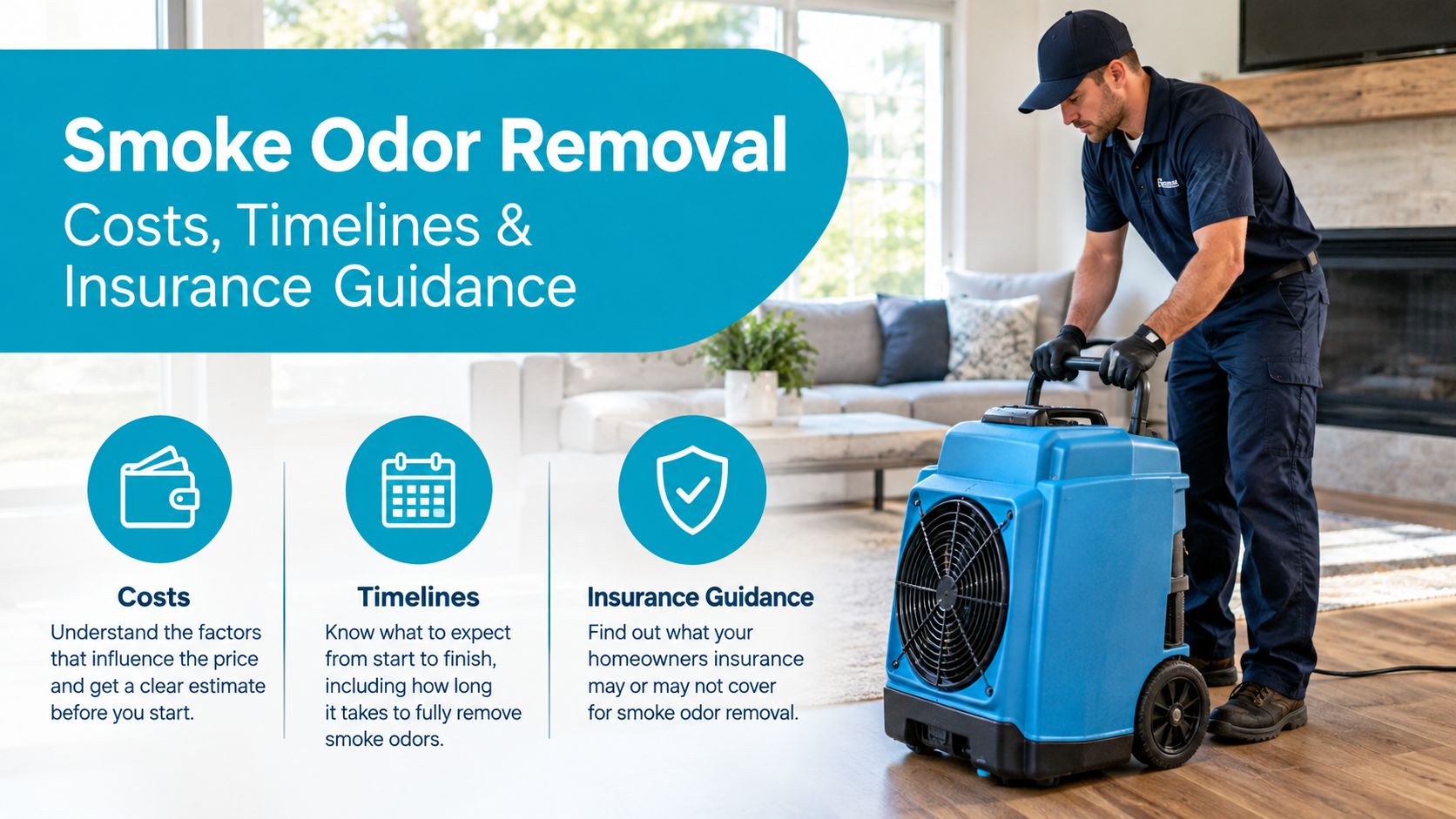 A restoration technician operating an industrial air scrubber to remove smoke odors from a residential living room.