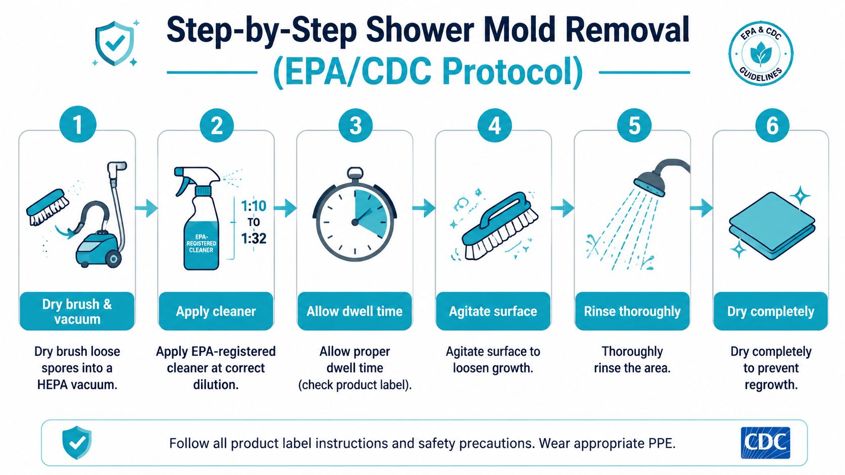 A six-step infographic illustrating the EPA and CDC protocol for safely removing mold from shower surfaces.