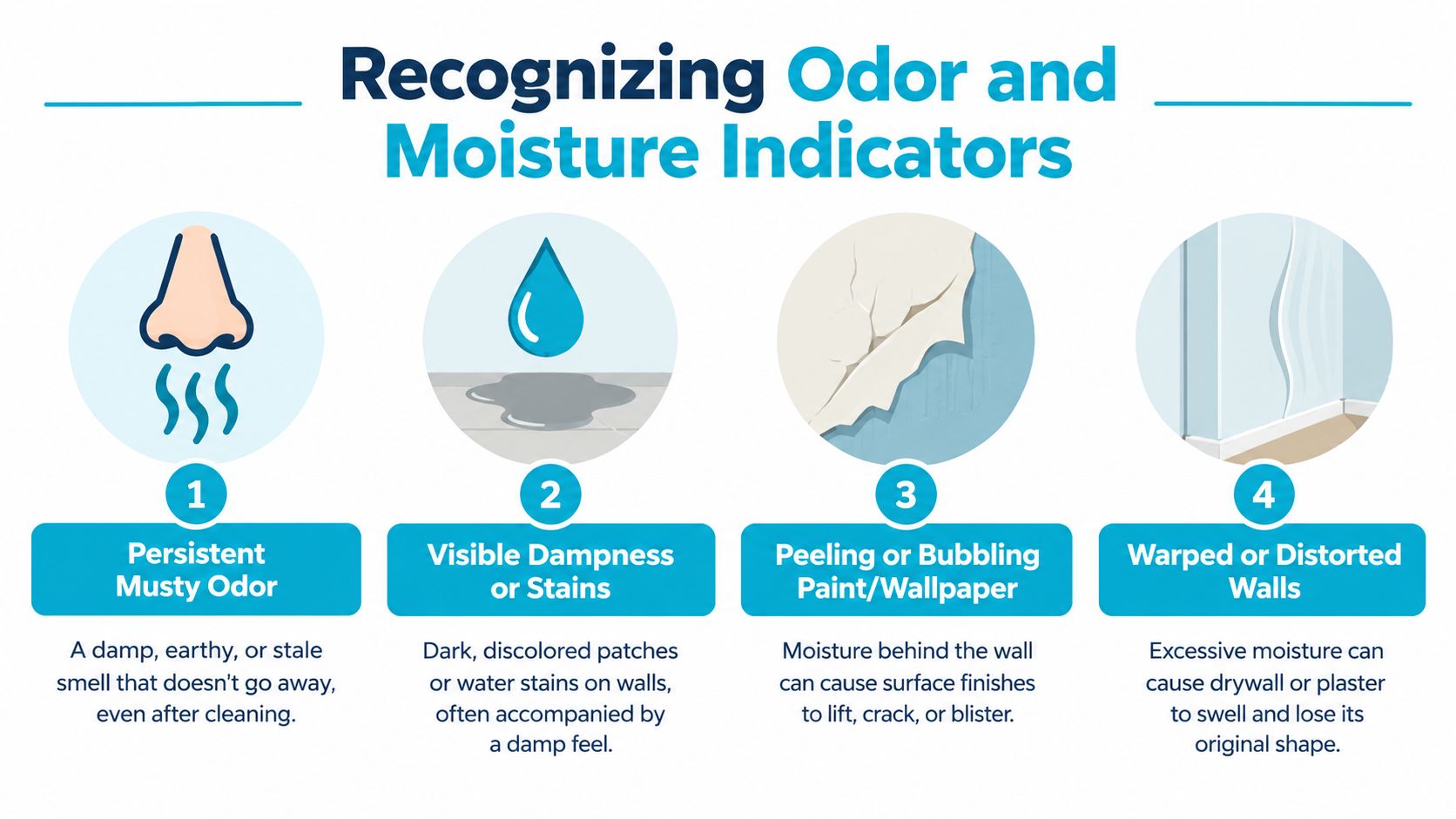 An infographic detailing four primary indicators of indoor moisture and mold including odors and wall damage.