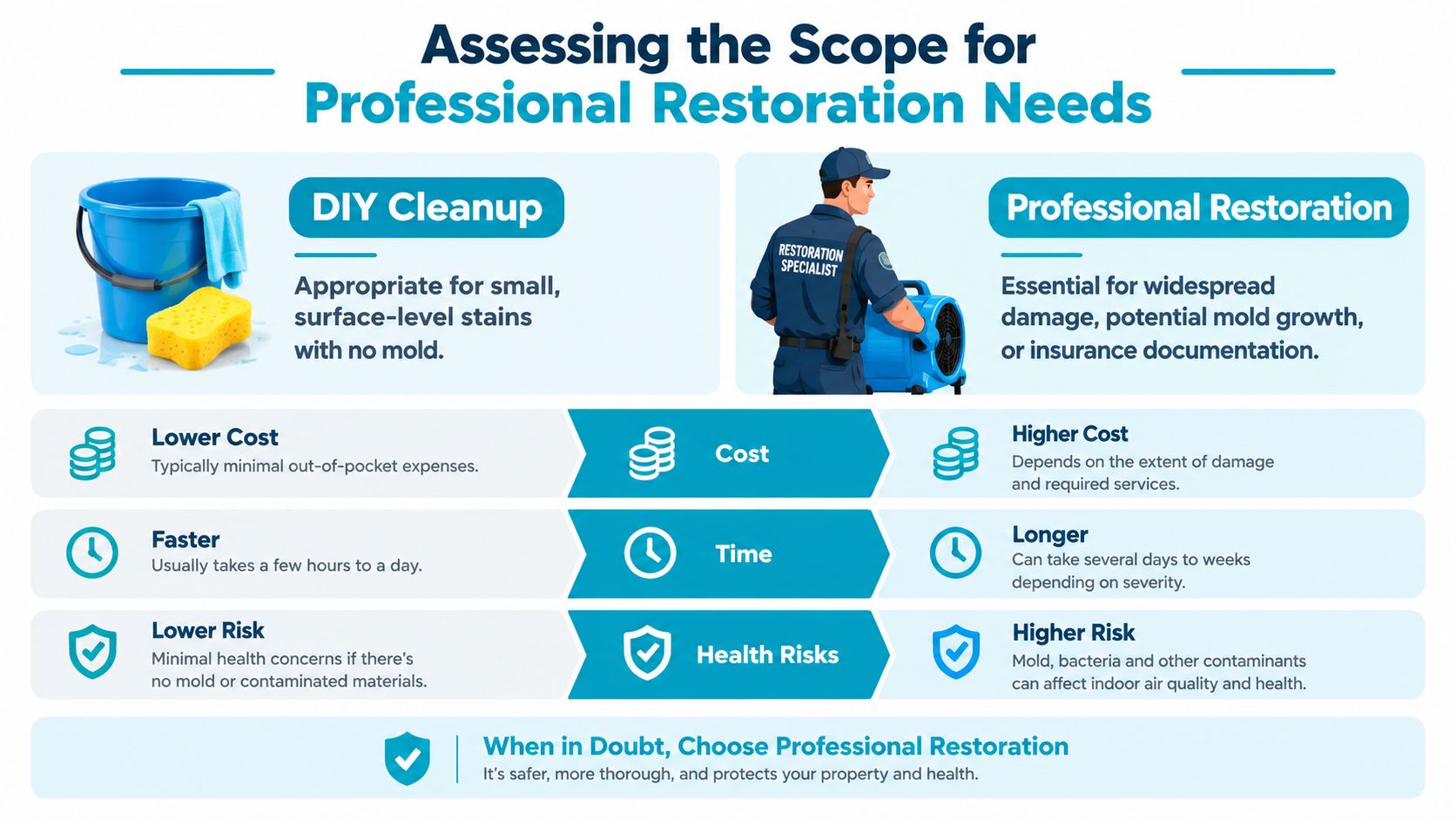 A comparison chart showing the differences between DIY cleanup and professional restoration for water damage situations.