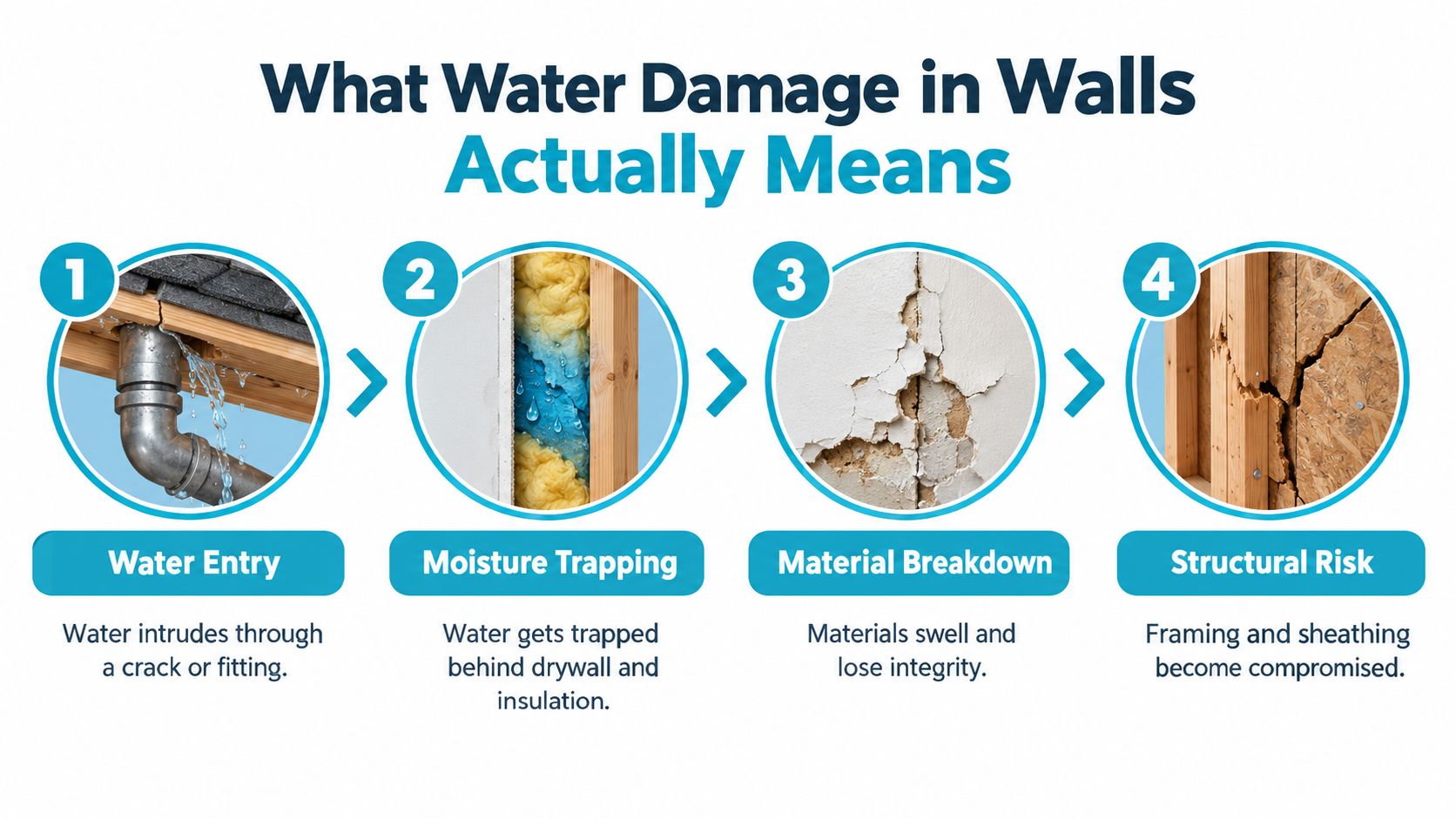 A four-step infographic illustrating how water entry leads to moisture trapping, material breakdown, and structural risk in walls.