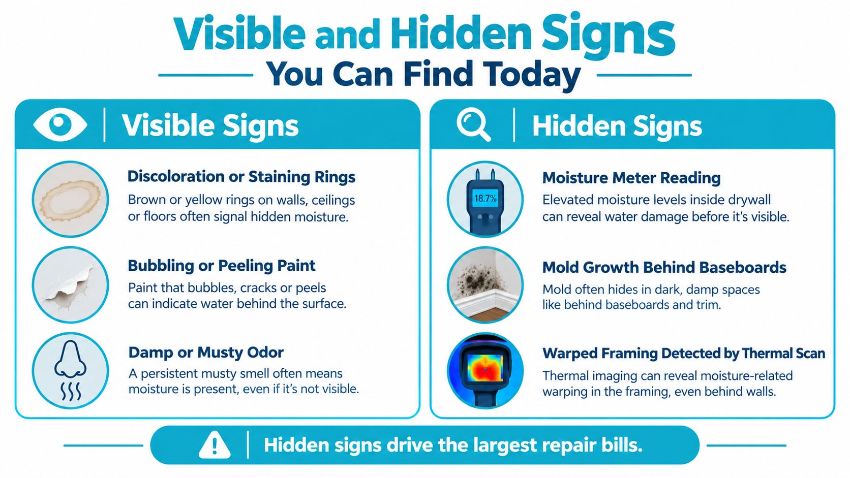 An infographic detailing both visible and hidden signs of water damage found in residential home walls.
