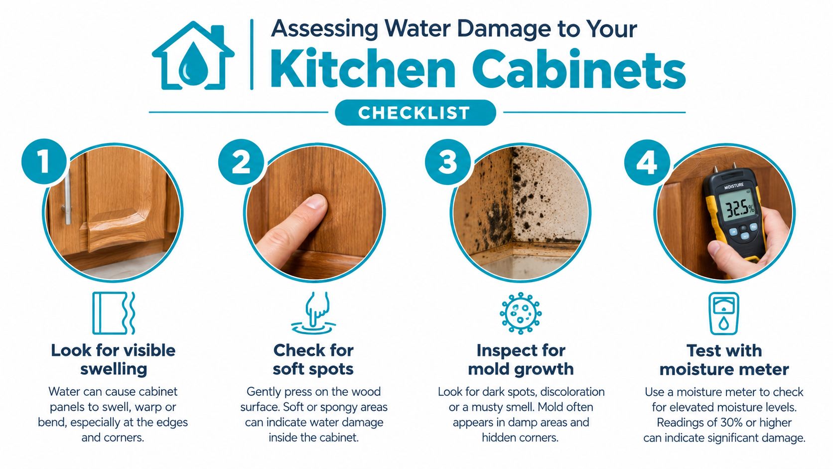 A four-step checklist illustration for identifying and assessing water damage in kitchen cabinets with clear, instructional icons.