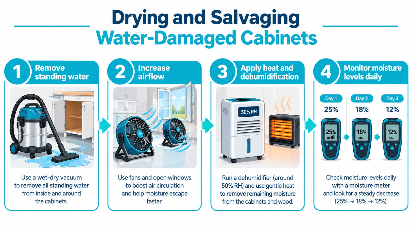 A step-by-step infographic showing how to dry and salvage water-damaged kitchen cabinets using tools and moisture monitoring.