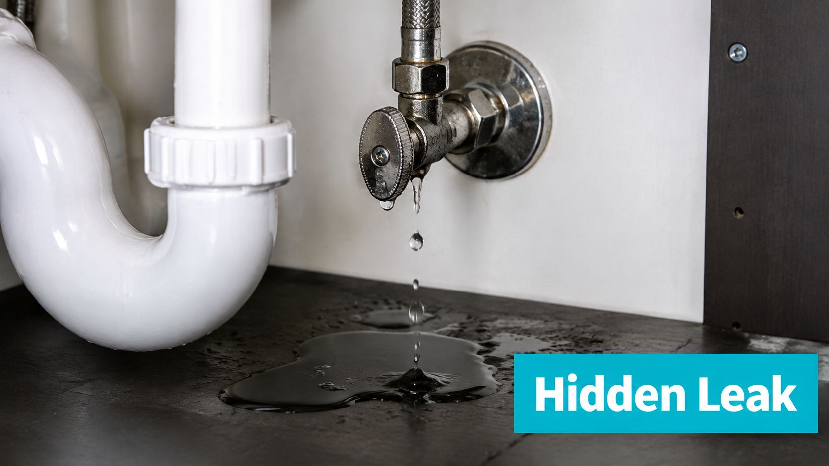 A close-up view of a leaky metal water valve under a kitchen sink creating a water puddle.