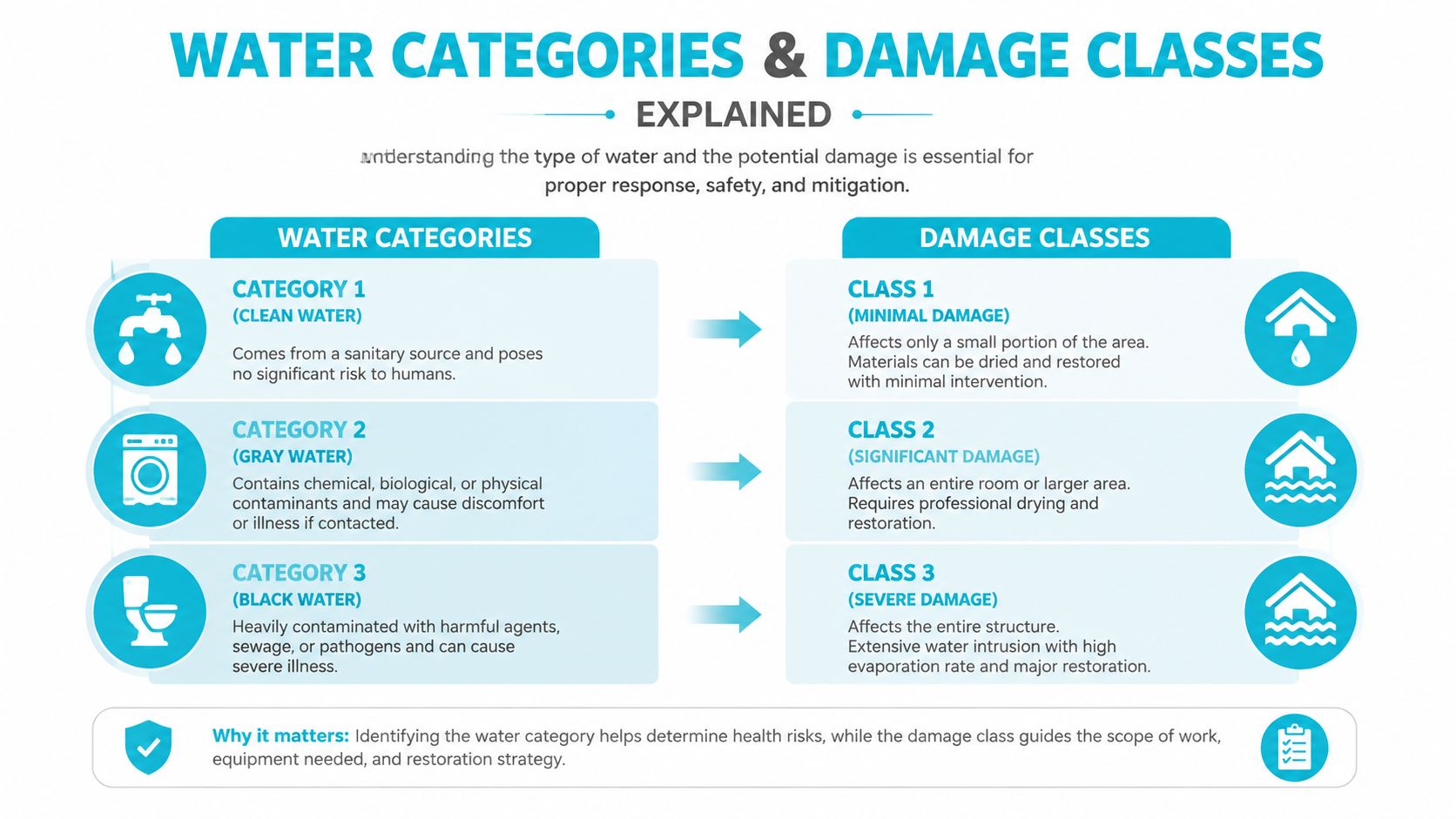 An infographic explaining the three categories of water contamination and three classes of water damage severity.