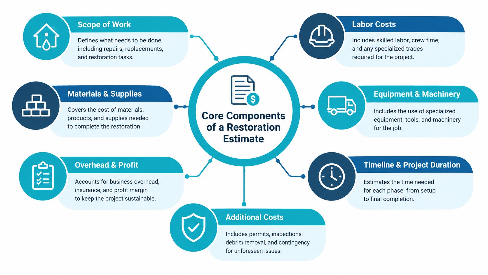 A diagram outlining the seven core components of a professional restoration estimate for construction or repair projects.
