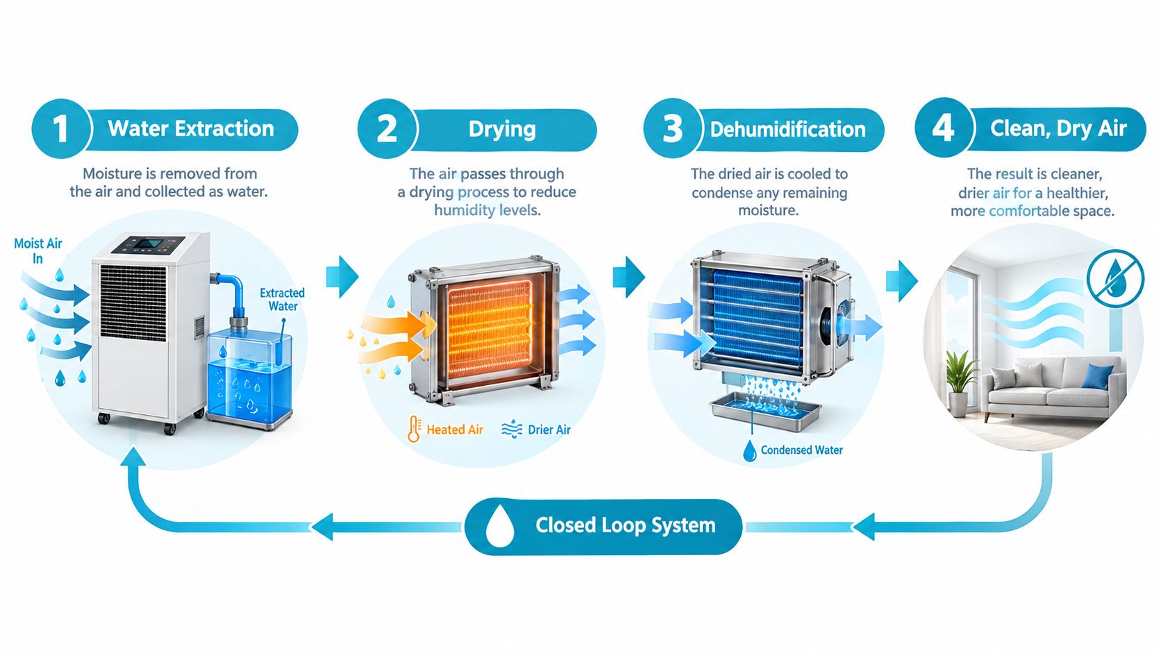 A diagram illustrating a four-step water damage restoration process involving extraction, drying, dehumidification, and clean air output.