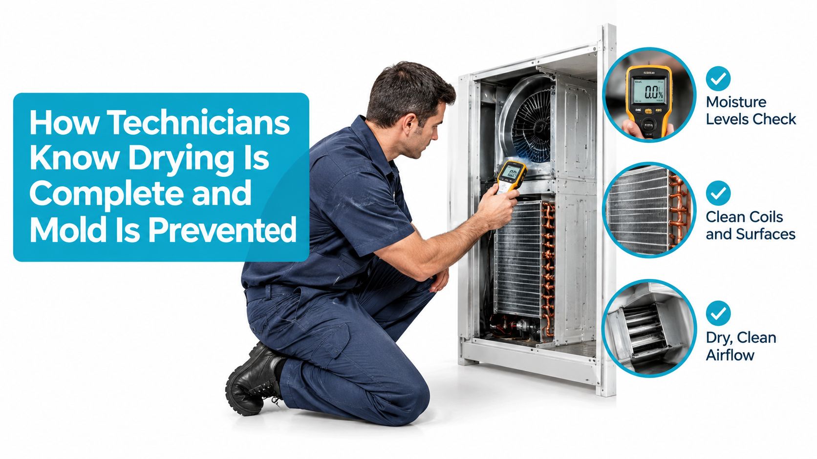 A professional HVAC technician inspecting an air conditioning unit to verify dryness and prevent mold growth.