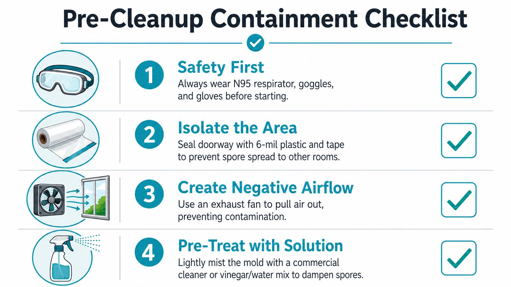 A four-step pre-cleanup containment checklist for safely managing and preparing to remove mold infestations in homes.