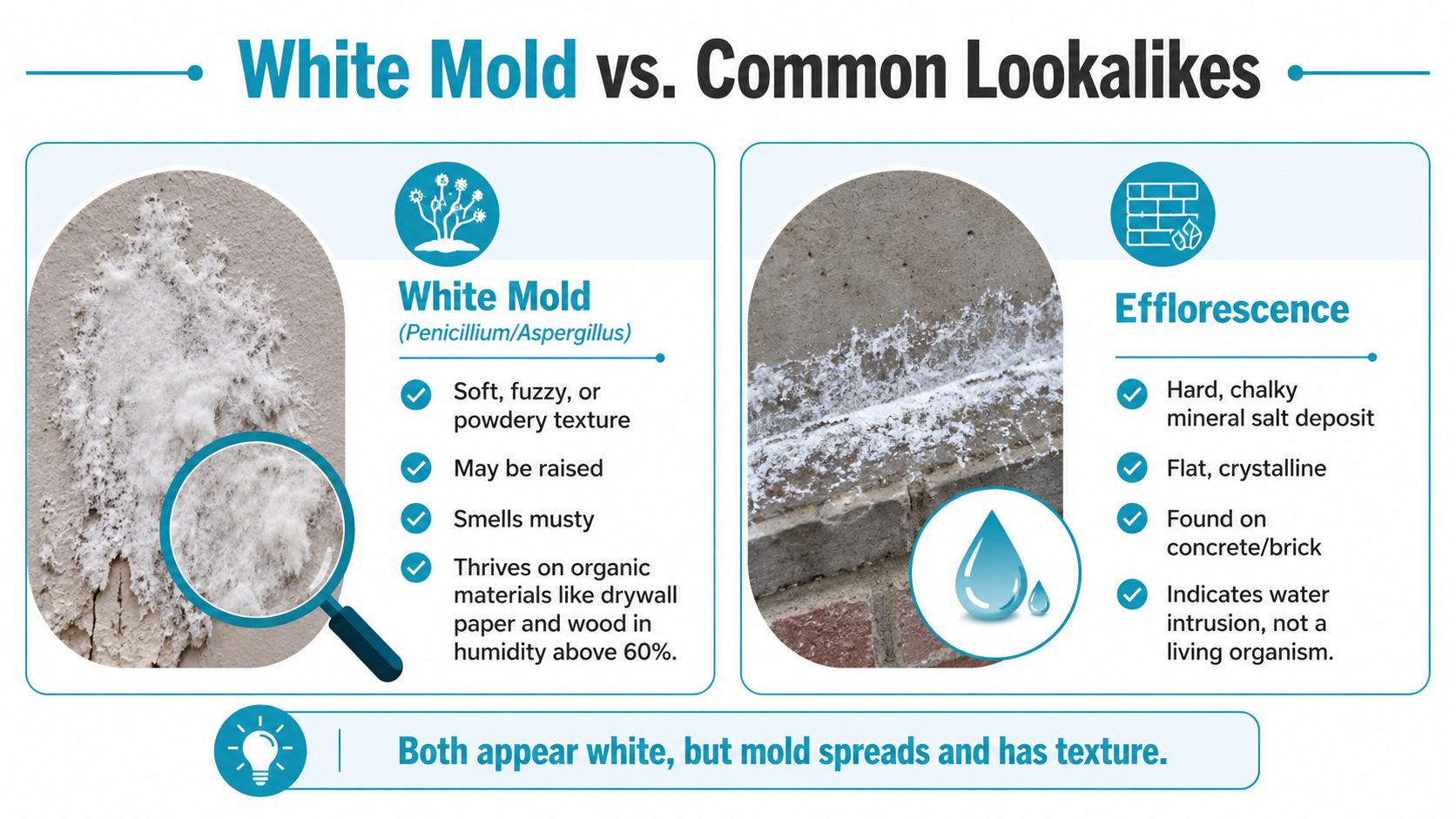 A comparison infographic between white mold and efflorescence, explaining the visual and physical differences.