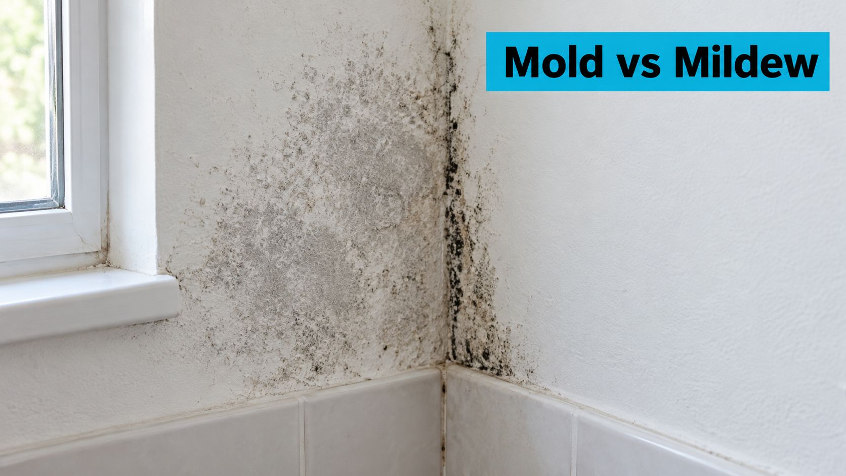 A close-up view of a wall corner near a window showing signs of mold and mildew growth.