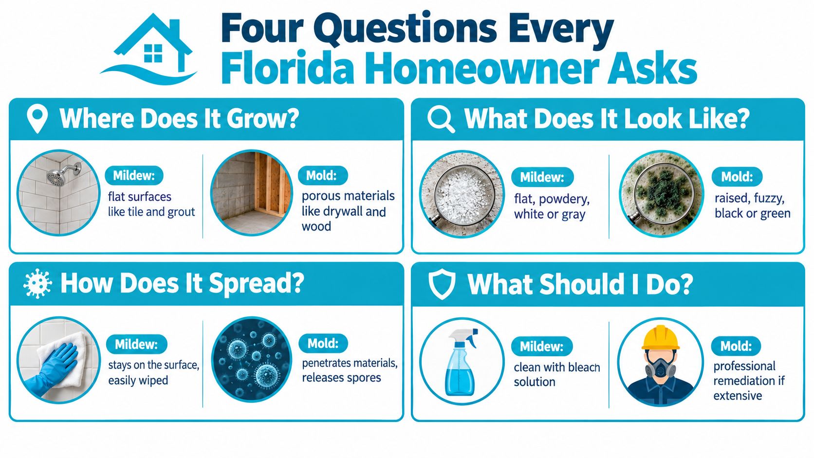 An infographic titled Four Questions Every Florida Homeowner Asks, comparing the characteristics of mold and mildew.