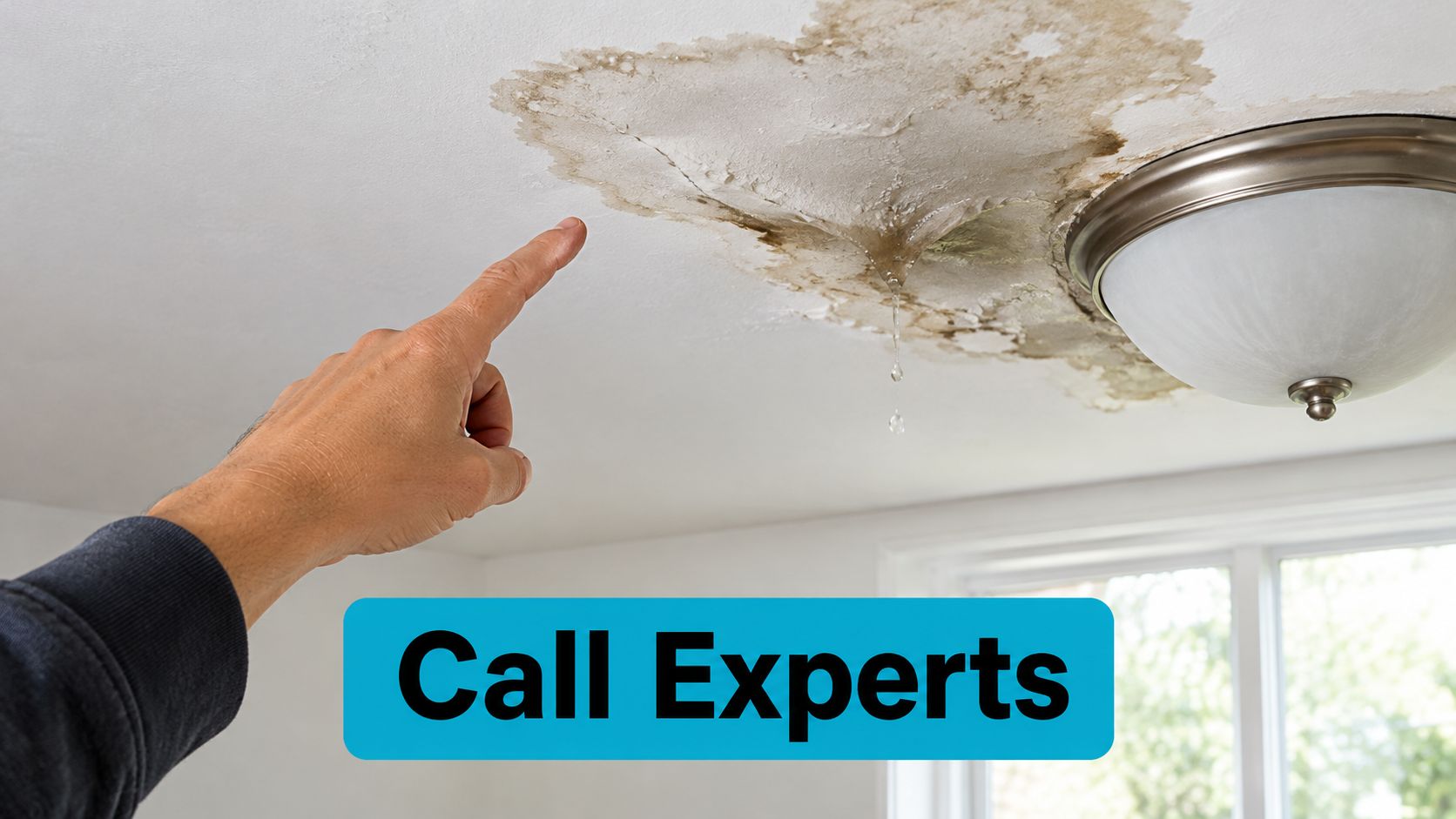 A hand pointing at a leaking water damaged ceiling in a home requiring urgent expert repair.