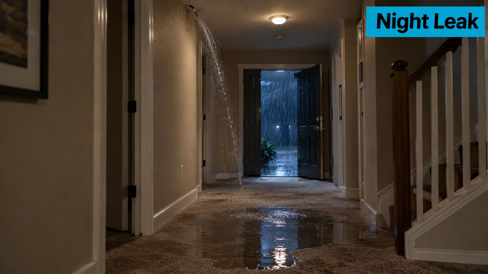 A hallway with a severe ceiling water leak causing a large puddle on the carpet floor.