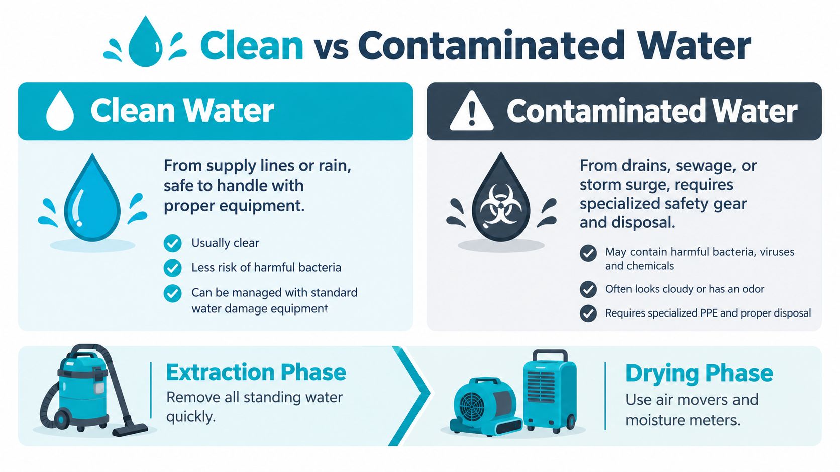 A visual guide comparing clean and contaminated water sources and the professional water damage restoration process.