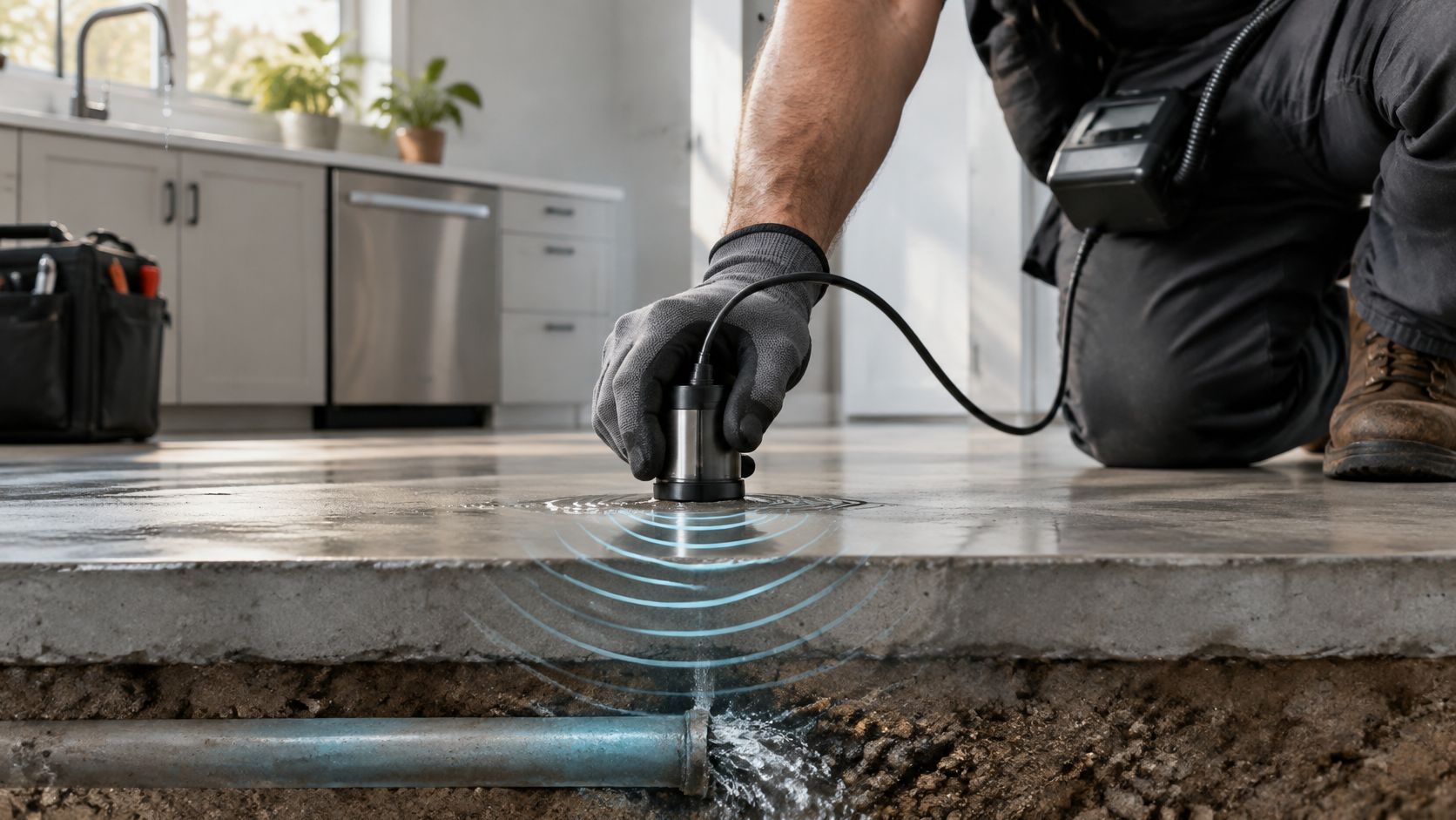 A professional technician using an acoustic sensor to detect a water leak under a concrete floor.