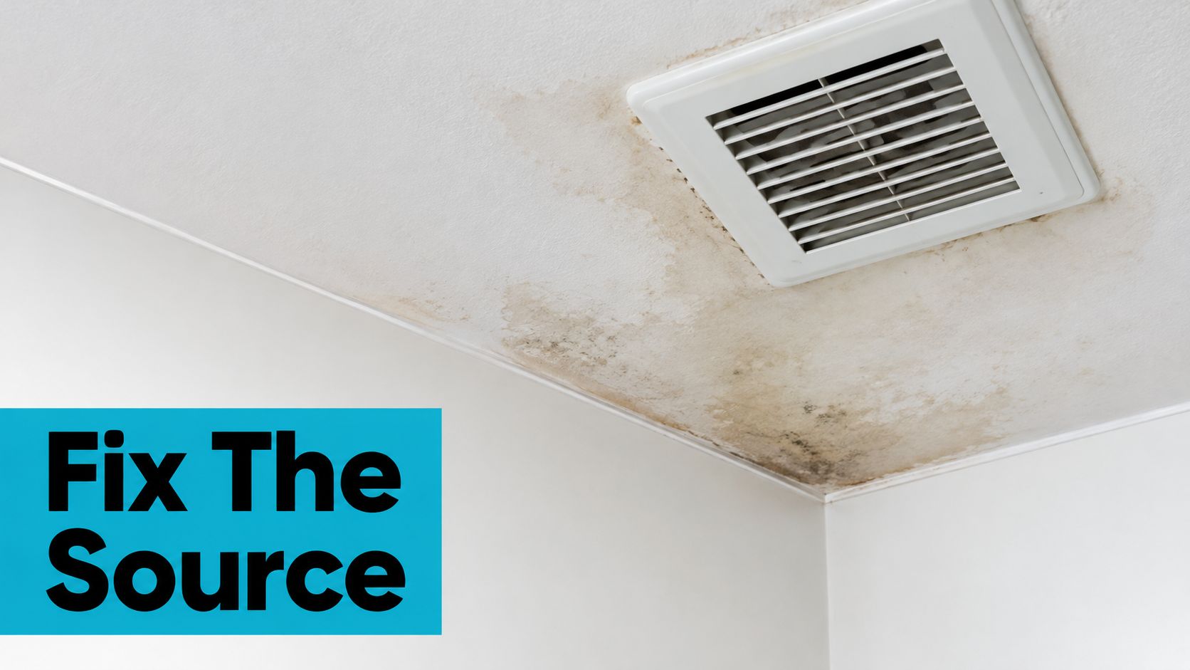A close-up view of water damage and dark mold growth on a white bathroom ceiling vent.