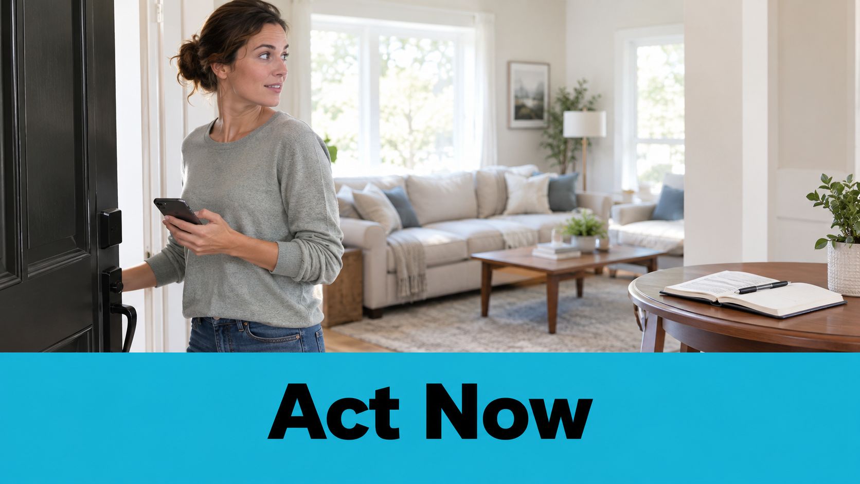 A woman stands in a modern home entryway holding a smartphone while opening the front door.