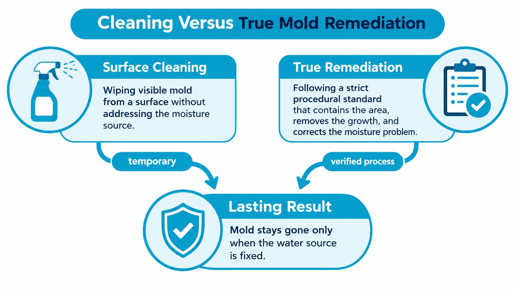 An infographic comparing surface cleaning versus professional mold remediation, highlighting the importance of fixing moisture sources.
