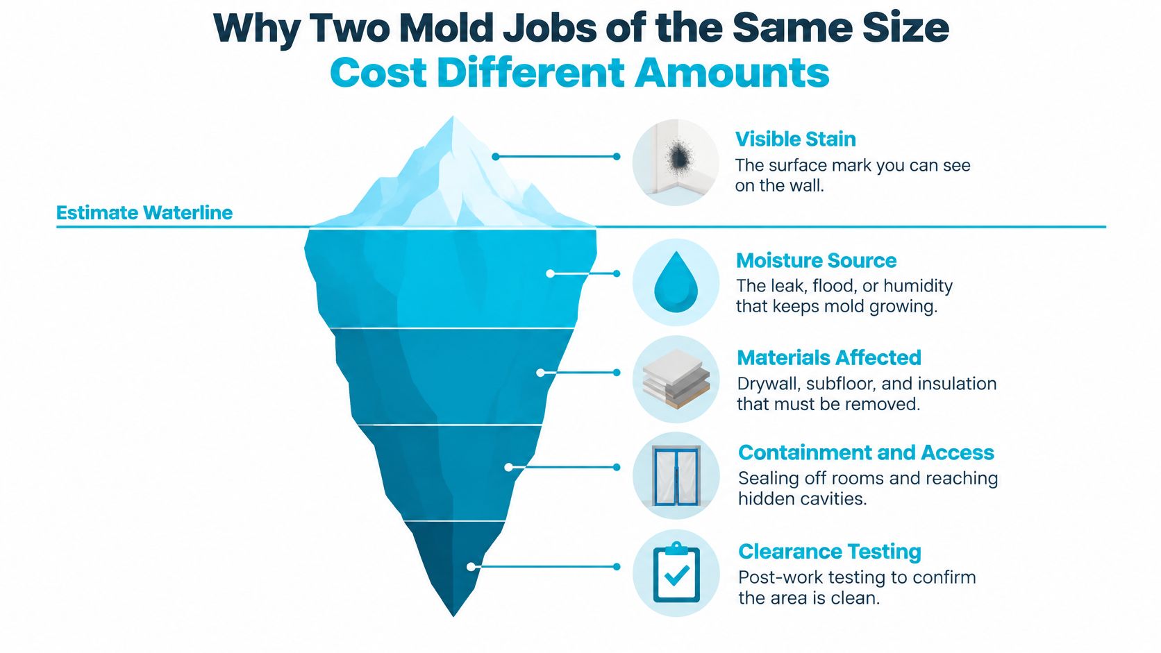 An infographic showing an iceberg diagram illustrating why mold remediation costs vary based on hidden factors.