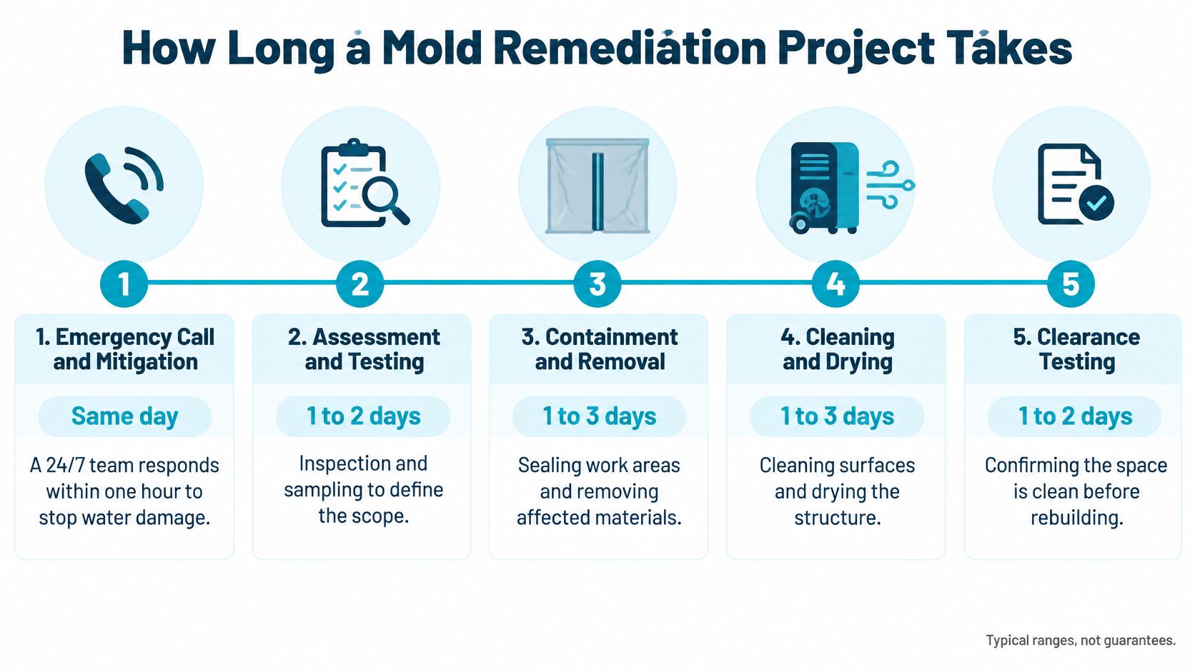 A flowchart infographic titled How Long a Mold Remediation Project Takes, outlining five sequential steps of the process.