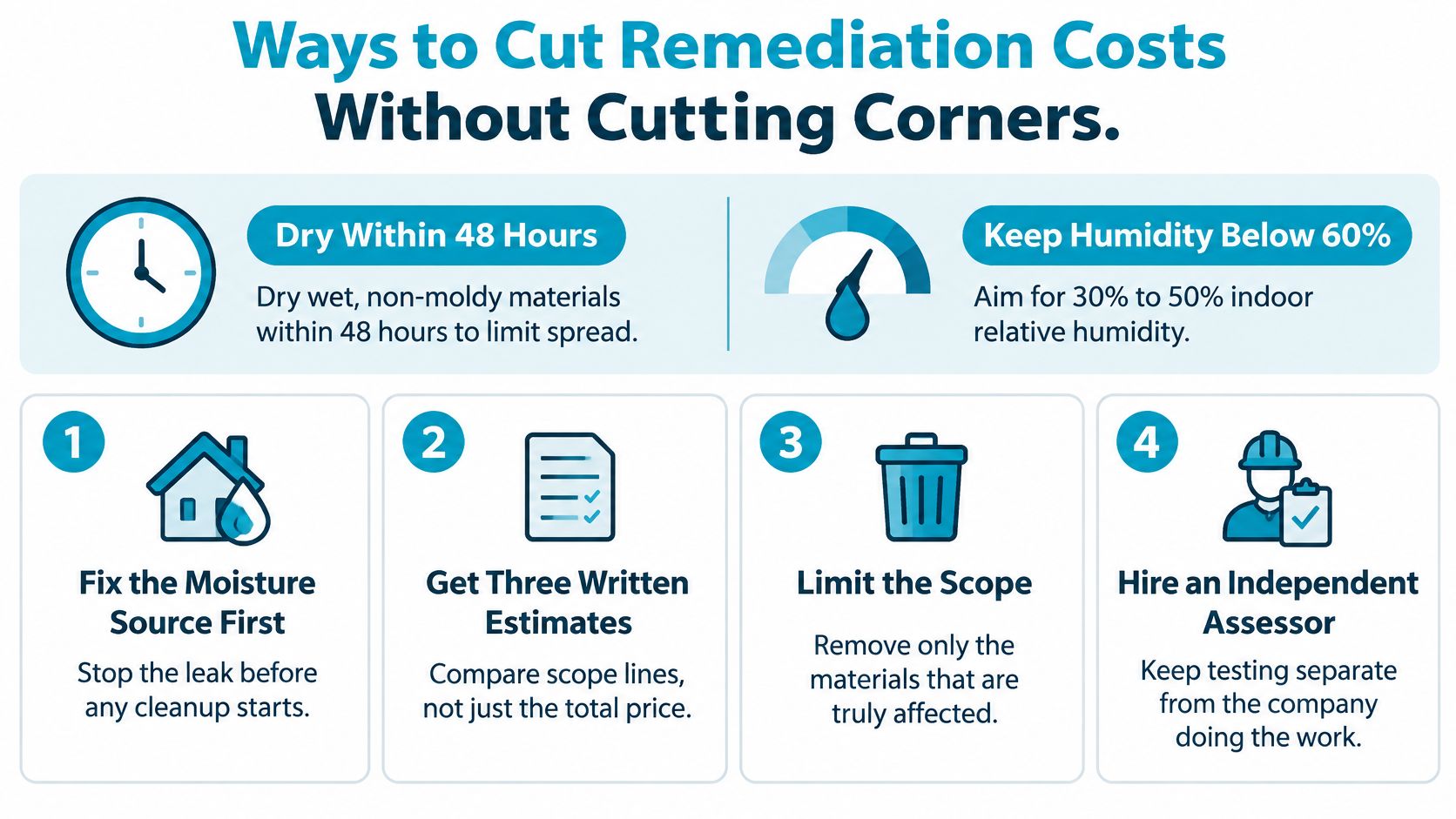 An infographic detailing four effective strategies for reducing mold remediation costs without sacrificing quality of work.