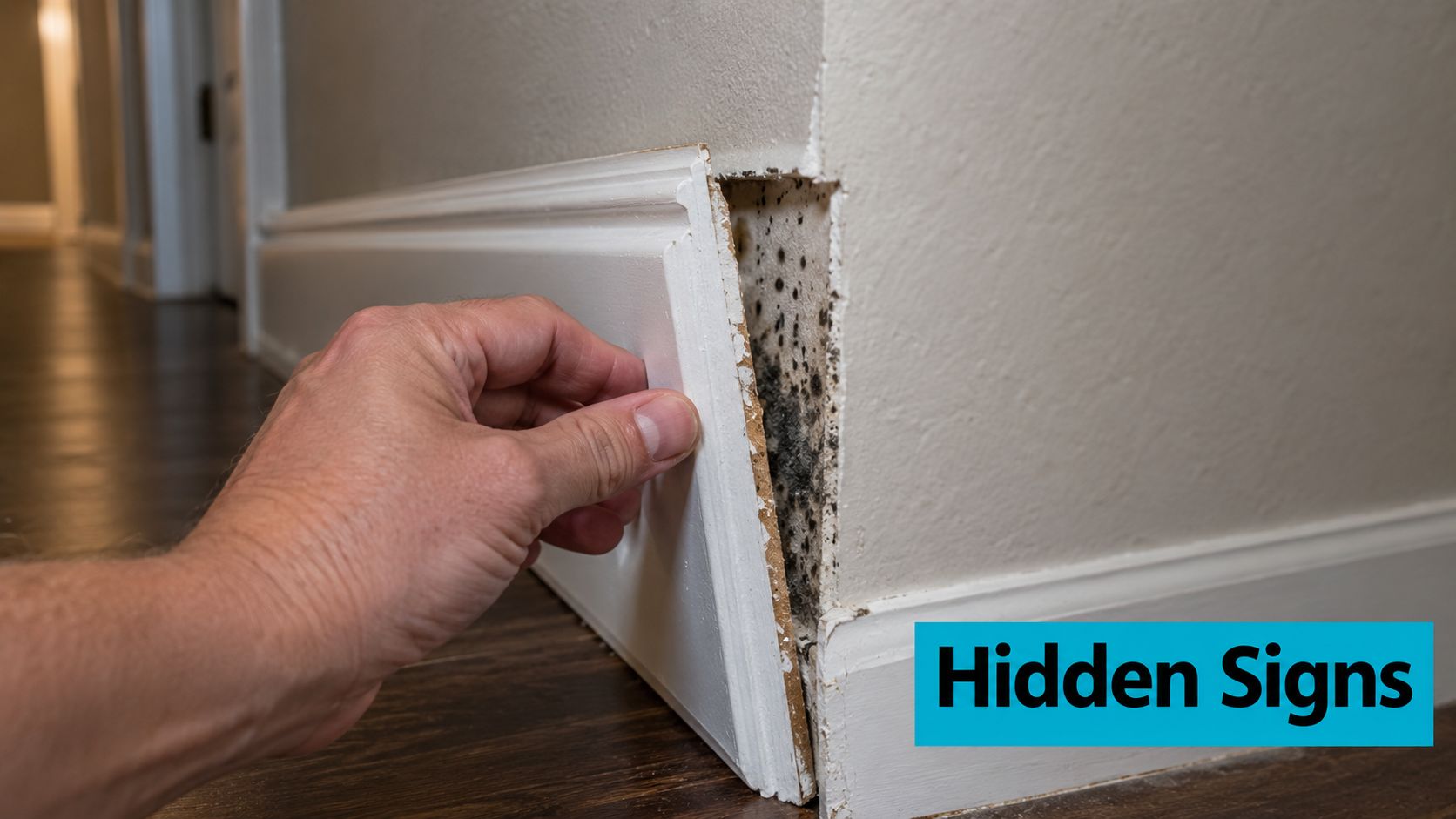 A hand pulling back a white baseboard to reveal black mold growing on the wall behind it.
