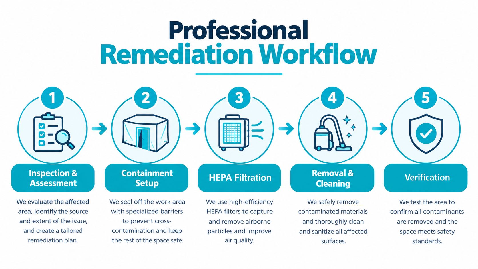 A professional five-step remediation workflow infographic illustrating inspection, containment, filtration, cleaning, and safety verification processes.