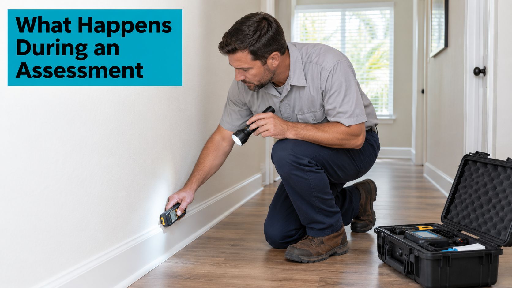 A professional inspector using tools to assess a residential wall for signs of mold or moisture damage.