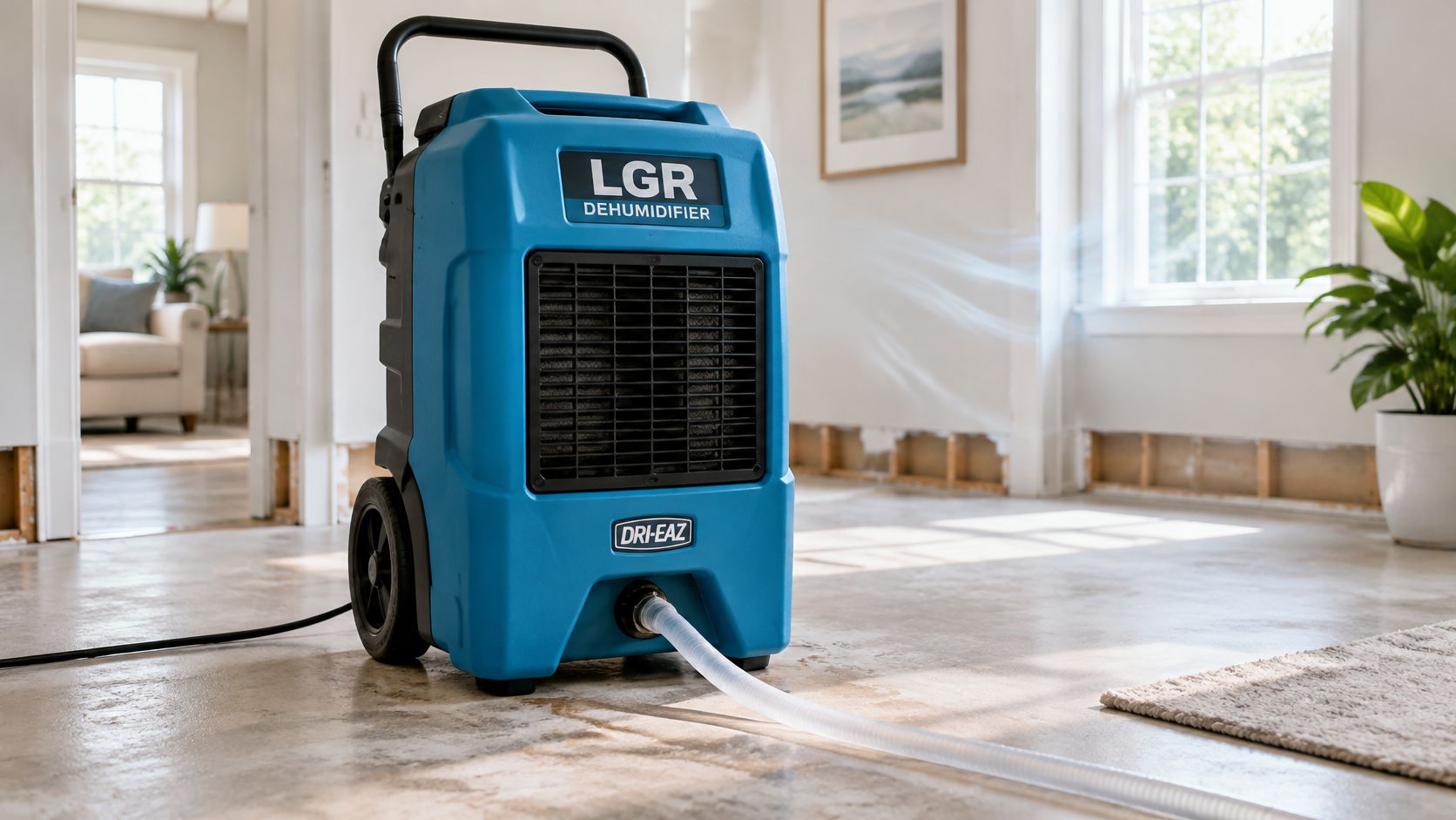 A professional blue Dri-Eaz LGR industrial dehumidifier with a drainage hose operating in a residential room.