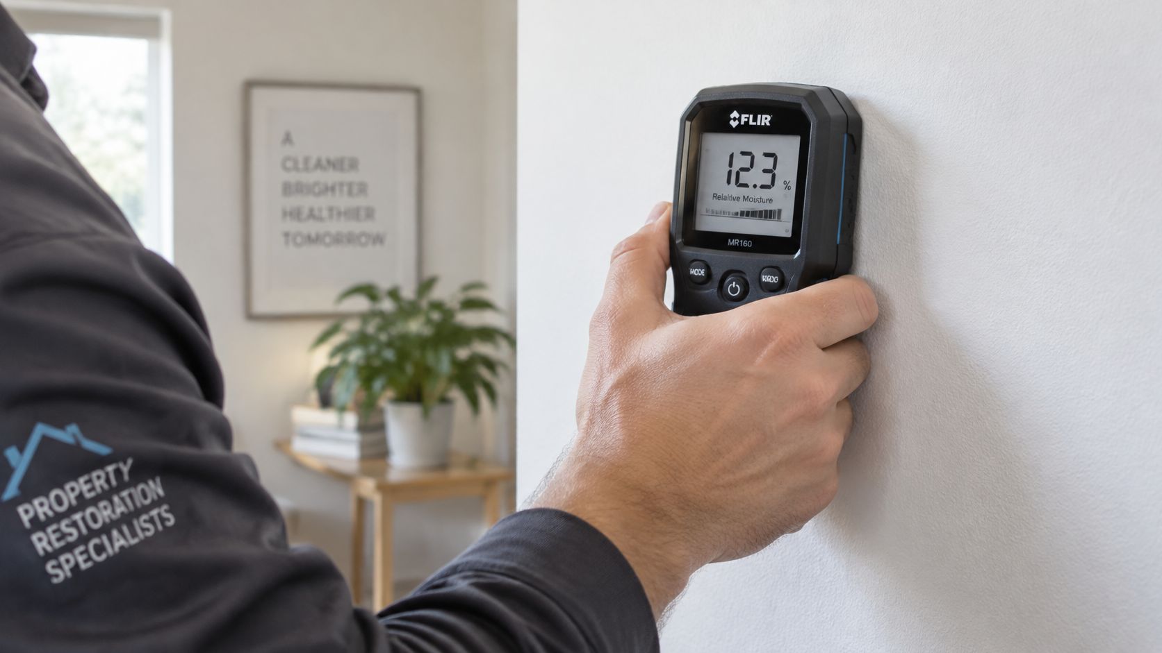 A technician using a FLIR MR160 moisture meter to check the walls for potential water damage issues.