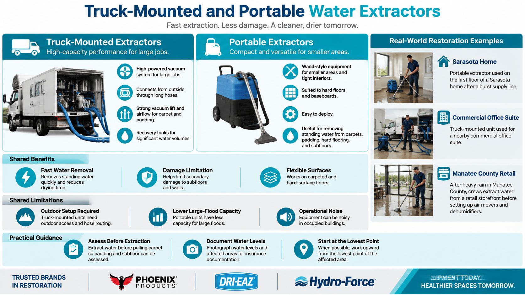 A professional infographic comparing truck-mounted and portable water extraction equipment for water damage restoration services.