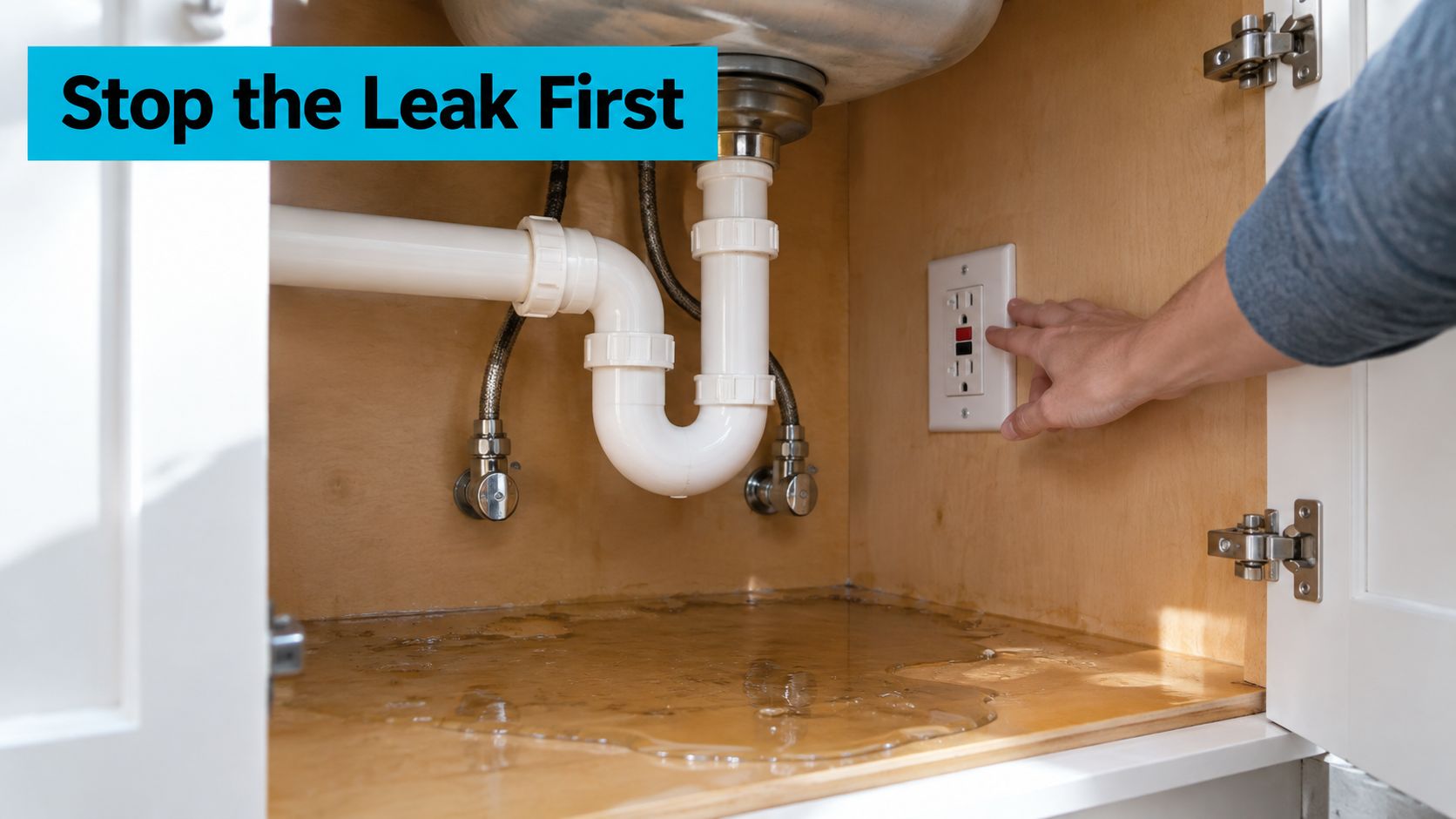 A hand reaching toward an electrical outlet inside a cabinet with standing water under the sink.