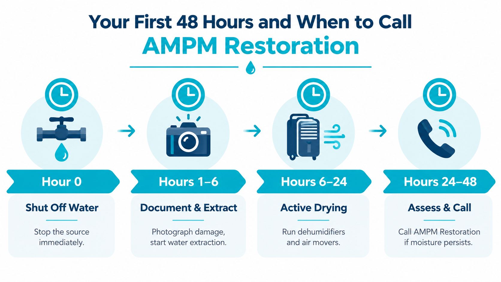 An infographic showing a timeline for managing water damage, from shutting off the source to calling professionals.