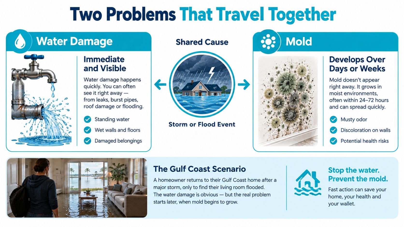 An infographic illustrating how water damage and mold often occur together following storm or flood events.
