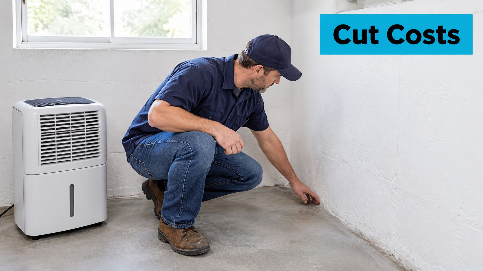 A technician inspecting a concrete floor in a basement near a dehumidifier to assess water damage.
