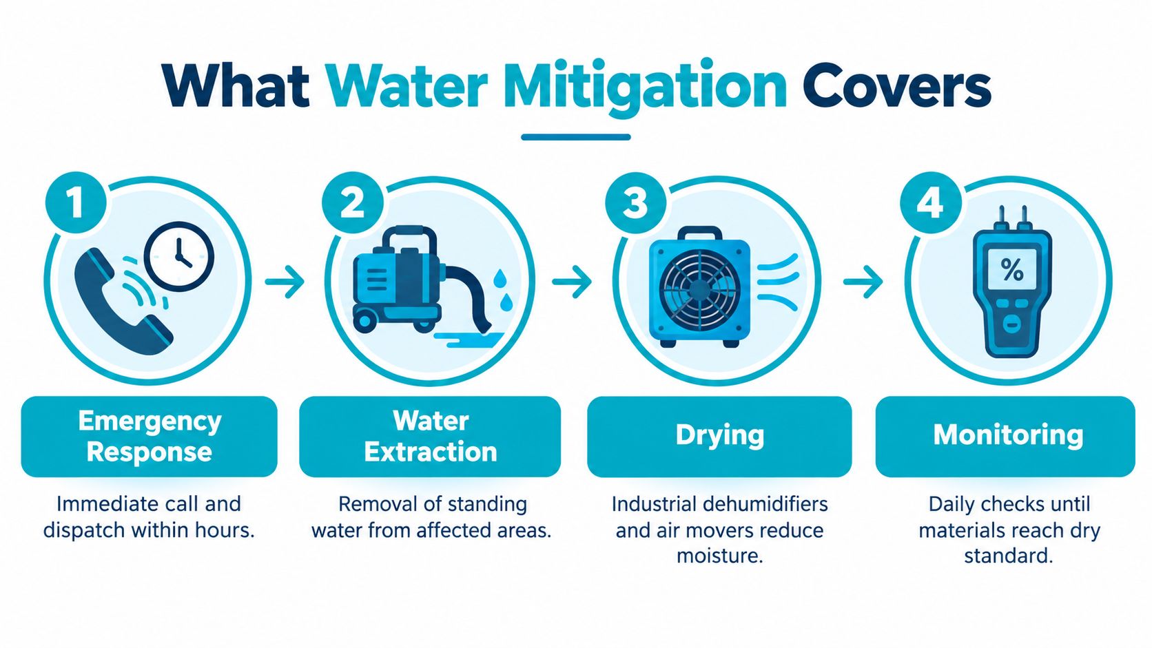 A four-step infographic illustrating the water mitigation process, including emergency response, water extraction, drying, and monitoring steps.