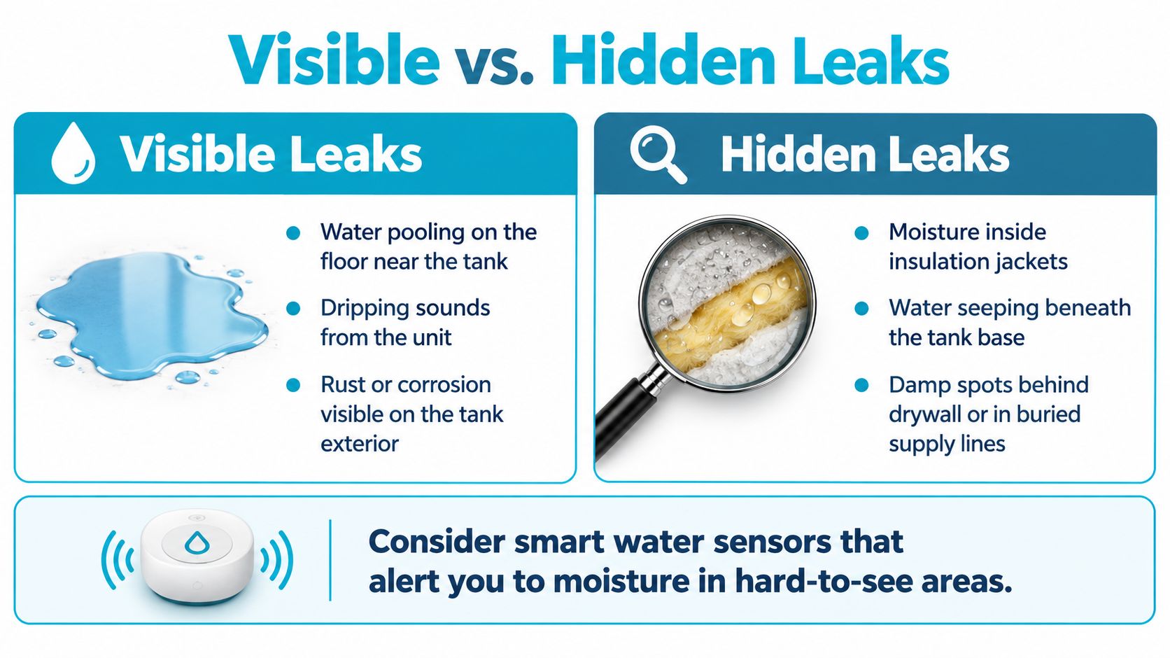 A comparison chart highlighting signs of visible water tank leaks versus hidden water leaks at home.