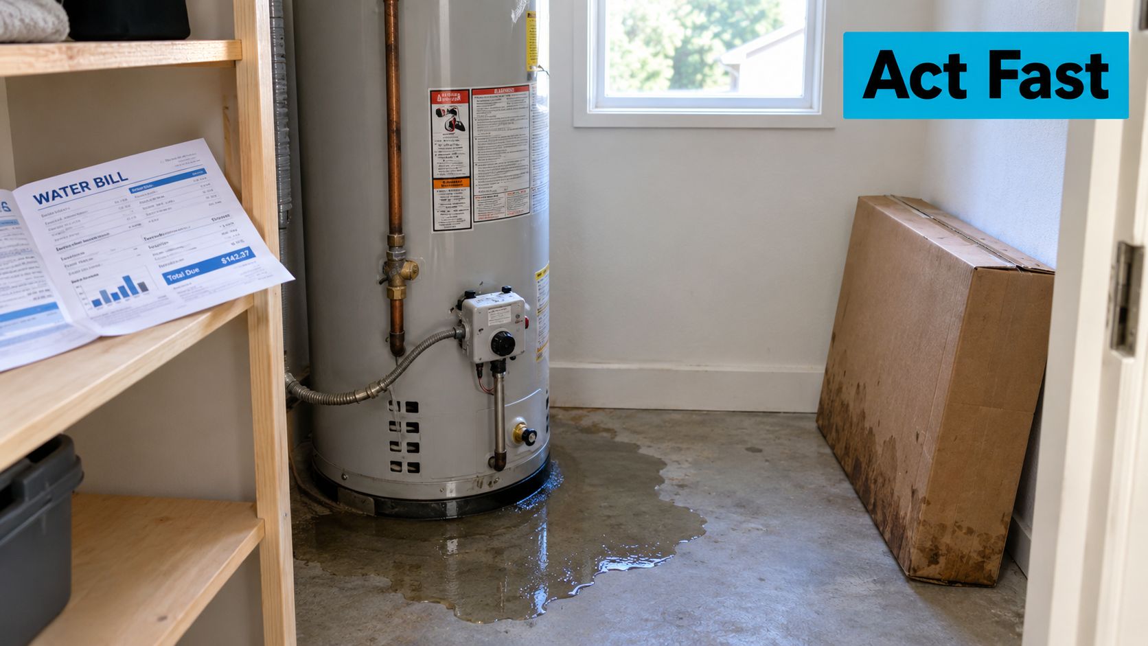 A leaking hot water tank causing a puddle on the floor, next to a water bill statement.